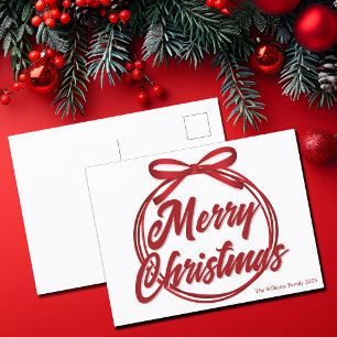 Modern Red Ribbon Bow God jul-skript Helg Vykort