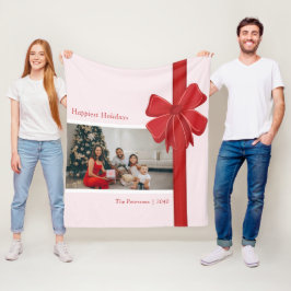 Modern Red Ribbon Bow Wrap Photo Christmas Fleecefilt