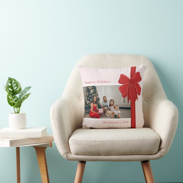 Modern Red Ribbon Bow Wrap Photo Christmas Gift Kudde (Stol)