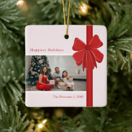 Modern Red Ribbon Bow Wrap Photo Christmas Julgransprydnad Keramik