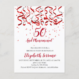 Modern Red Ribbon & Confetti 50:e födelsedagen Inbjudan Vykort