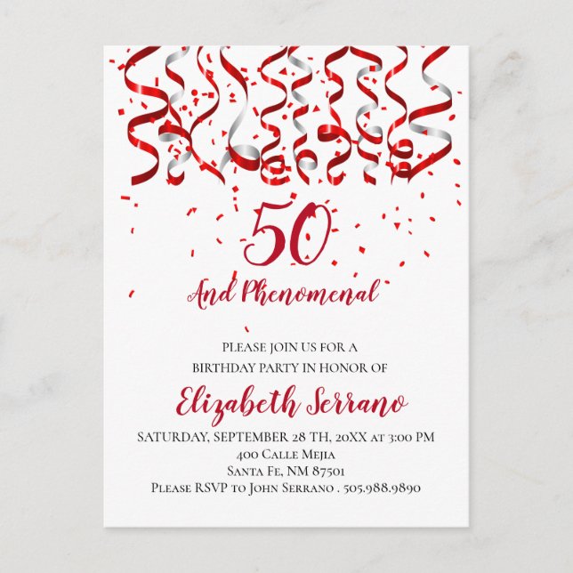 Modern Red Ribbon & Confetti 50:e födelsedagen Inbjudan Vykort (Framsida)
