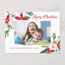 Modern Red Rosa Blommigt God jul Photo Card