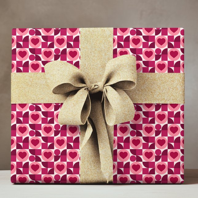 Modern Red Rosa Geometric Kärlek Heart Mönster Presentpapper (Skapare uppladdad)
