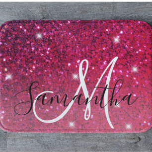 Modern Red & Rosa Glitter Sparkles Namn Badrumsmatta