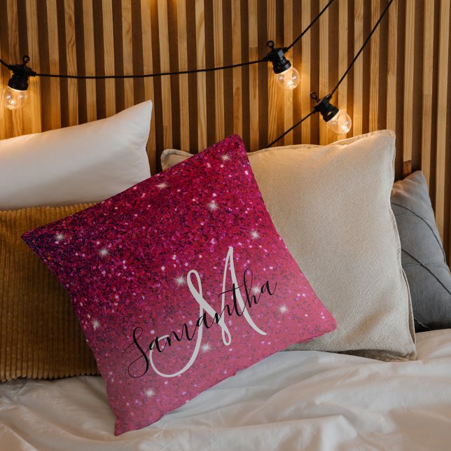 Modern Red & Rosa Glitter Sparkles Namn Kudde (Skapare uppladdad)