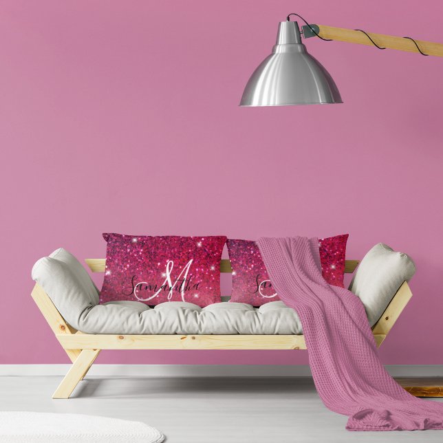 Modern Red & Rosa Glitter Sparkles Namn Lumbarkudde (Skapare uppladdad)
