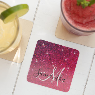 Modern Red & Rosa Glitter Sparkles Namn Underlägg Papper Kvadrat