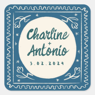 Modern Red rosa Handwrite Retro Bröllop Square Fyrkantigt Klistermärke