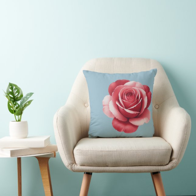 Modern Red Rose Throw Pillow on Dusty Blue Bold  Kudde (Stol)