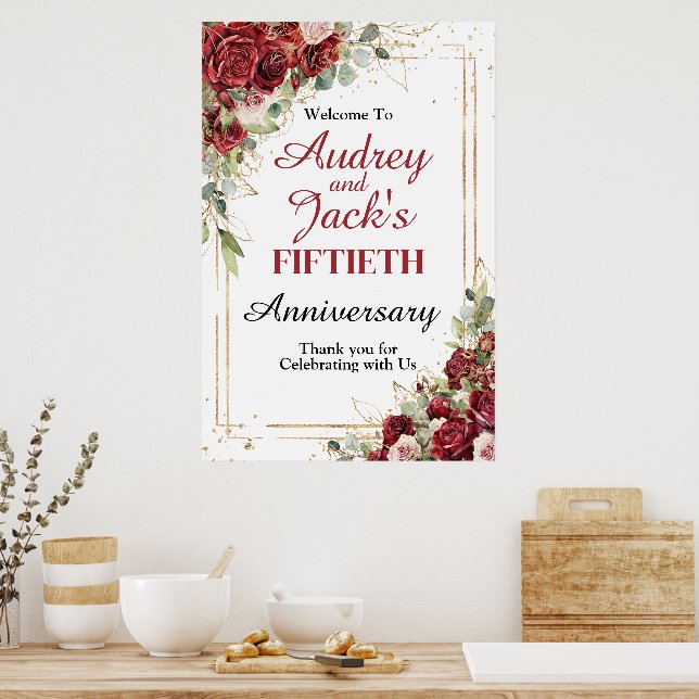 Modern Red Roses Anniversary Welcome Sign Poster (Kök)