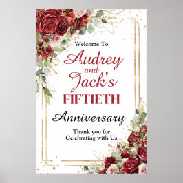 Modern Red Roses Anniversary Welcome Sign Poster