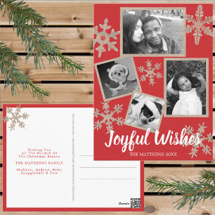 Modern Red Rustic Snowflake 4 Fotojul Vykort
