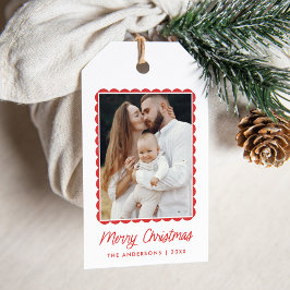 Modern Red Scalloped Ram Helgdag Photo Presentetikett