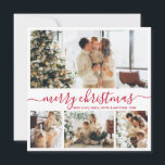 Modern Red Script 4 Photo Collage jul Julkort<br><div class="desc">Minimalistiskt, Elegant Red Calligraphy 4 Photo Collage God jul Script Helgdag Card. Den här snygga, enkla fyra (4) fotokortmallen har en fotokollage i söt rutnät och säger "God jul"! Texten "God jul" hälsning är skriven i ett vackert handsskript med vit och vit nyans, som snabbt byter ut mot svan. På...</div>