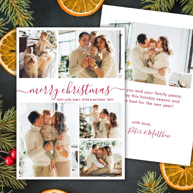 Modern Red Script 5 Photo Collage Christmas Julkort (Skapare uppladdad)