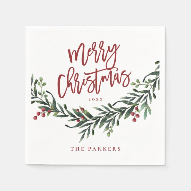 Modern Red Script God jul Greenery Pappersservett (Framsidan)