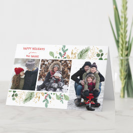 Modern Red Script Grönt Foliage Blommigt Festive Helgkort