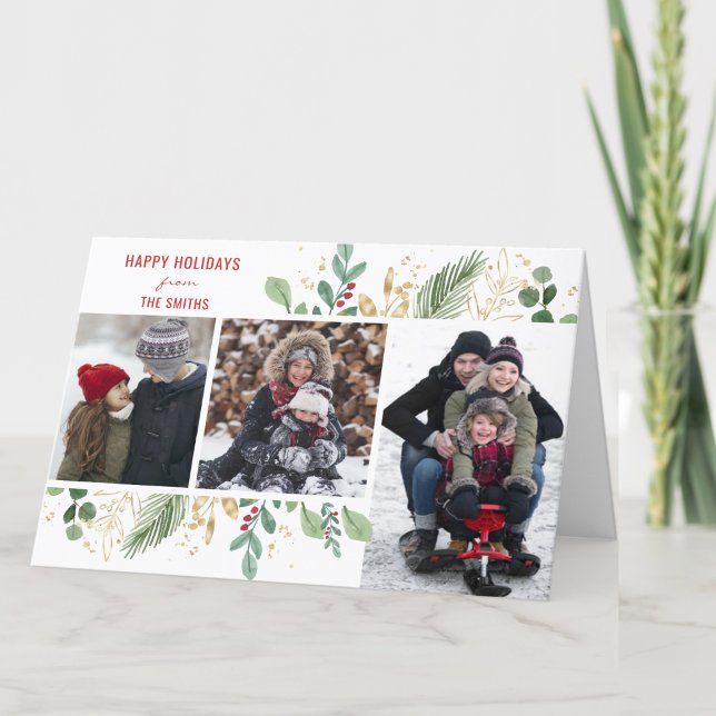 Modern Red Script Grönt Foliage Blommigt Festive Helgkort (Skapare uppladdad)