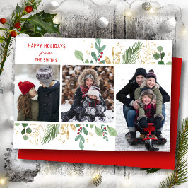 Modern Red Script Grönt Foliage Blommigt Festive Julkort