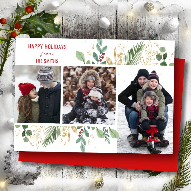 Modern Red Script Grönt Foliage Blommigt Festive Julkort (Skapare uppladdad)