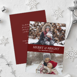 Modern Red Script Merry Bright Jul Photo Julkort