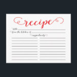 Modern Red Script Möhippa Recification Cards Vykort<br><div class="desc">Köksrecept för contemporary Möhippa med ett skript av snyggtens röda typografi som är inställt på en skarp vit bakgrund. Framsidan av vårt recept-kort ger utrymme för en receptitel, från köket och ingrediensutrymme. Vänd receptkortet om du vill visa riktningar, förinställningstid och total tid. Besök vår butik för att matcha inbjudningskort för...</div>