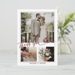 Modern Red Script Overlay Photo Collage Bröllop Tack Kort