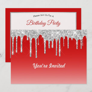 Modern Red Silver Glitter Drives Birthday Inbjudningar