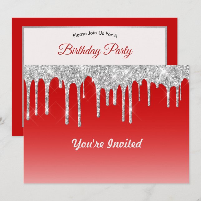 Modern Red Silver Glitter Drives Birthday Inbjudningar (Fram/baksida)
