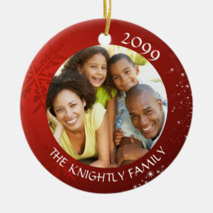 Modern Red Snowflake 2 Photo Family Namn Julgransprydnad Keramik