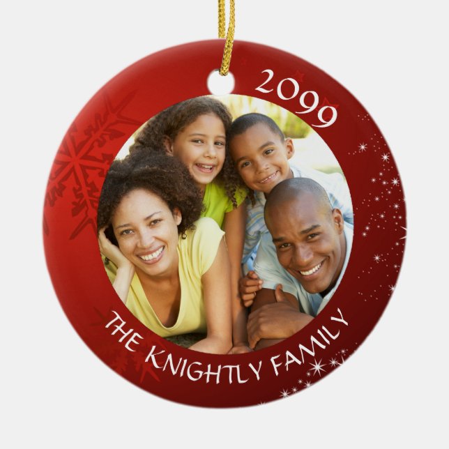 Modern Red Snowflake 2 Photo Family Namn Julgransprydnad Keramik (Framsidan)