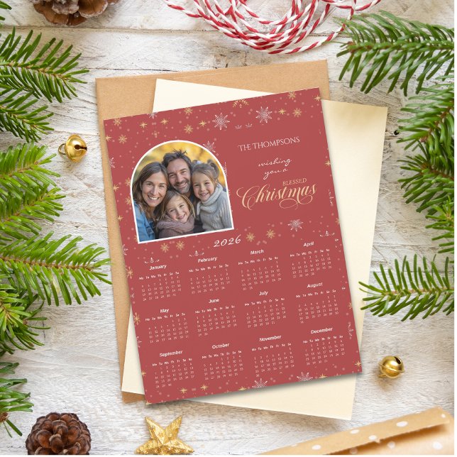 Modern Red Snowflake Photo 2026 Calendar Card (Skapare uppladdad)