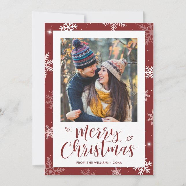 Modern Red Snowflake Photo Christmas Card Julkort (Framsida)