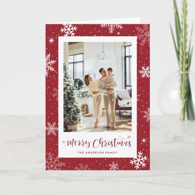 Modern Red Snowflake Photo God jul Helgkort (Framsida)