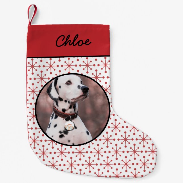Modern Red Starburst Mönster Pet Photo Liten Julstrumpa (Framsidan)