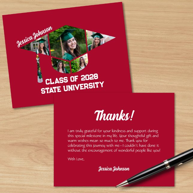 Modern Red Studentmössa Shape Photo Collage Tack Kort (Modern Red Graduation Cap Shaped Photo Collage Thank you Card)