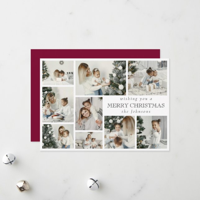 Modern Red Stylish Multi Photo Grid Holiday Card Julkort (Fram/Back In Situ)