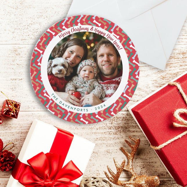 Modern Red & Teal Hund Bone Mönster-familjfoto Julkort (Modern Red & Teal Dog Bone Pattern Family Photo Holiday Card)