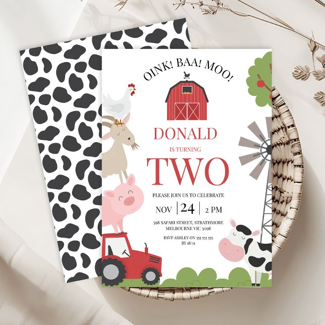 Modern Red Tractor Oink Baa Moo Farm Birthday Inbjudningar (Red Tractor Barnyard Birthday Invitation Template, Farm Birthday Invitation Boy, Red Barn Farmyard)