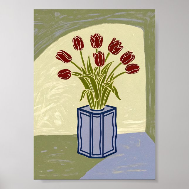 Modern Red Tulips in Blue Square Vase Art Poster  (Framsidan)
