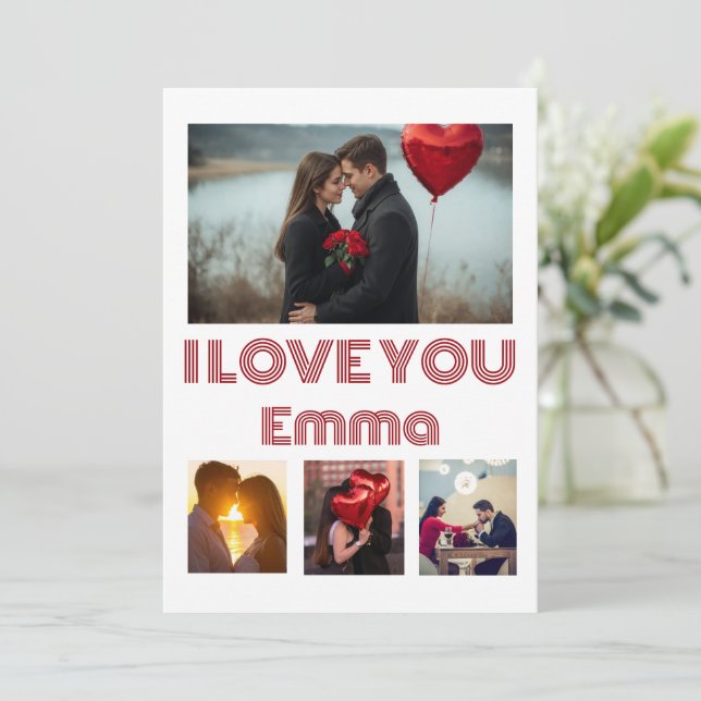 Modern Red Valentine’s Day Photo Card – 4 Photos Inbjudningar (Stående Fram)