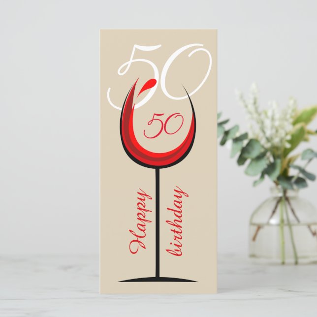 Modern Red Vin Glass-skript 50:e födelsedagen Kort (Stående Fram)