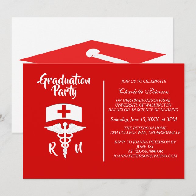 Modern Red & White Caduceus Nurse Studentfest Inbjudningar (Fram/baksida)