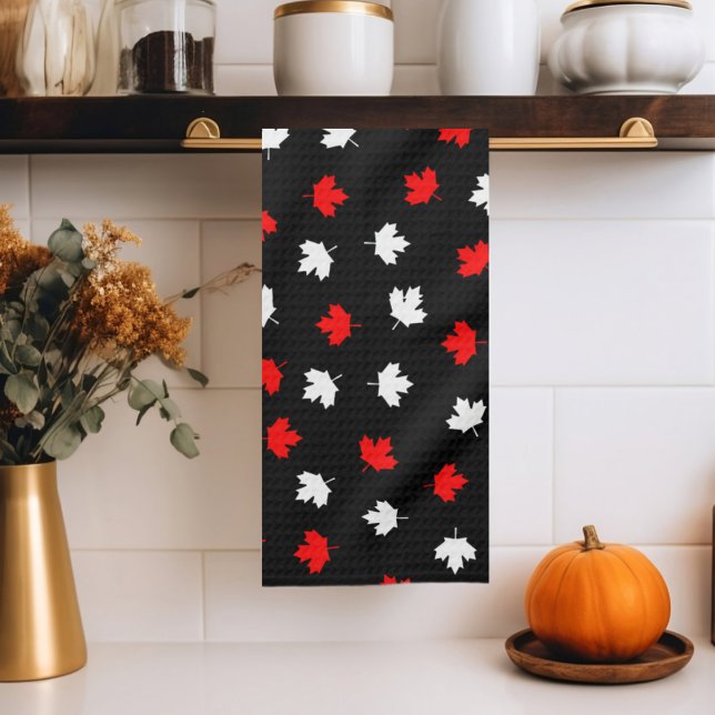 Modern Red White Canada Maple Löv Black Mönster Kökshandduk (Skapare uppladdad)