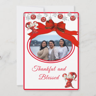 Modern Red White Cute Elf Photo God jul Julkort