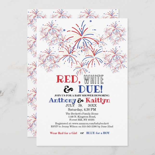 Modern Red White & Due 4th July Baby Shower Inbjudningar (Fram/baksida)