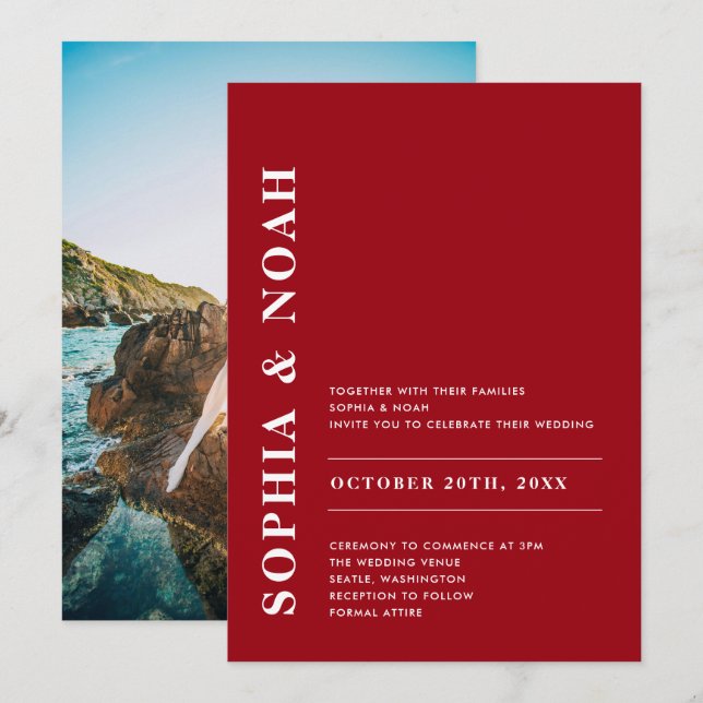Modern Red & White-Elegant - enkelt Bröllop-foto Inbjudningar (Fram/baksida)