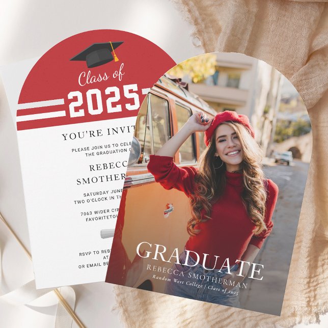 Modern Red White Grad Photo Studenten 2025 Party Inbjudningar (Graduation 2025 Party Red White Arch Party Invitation)