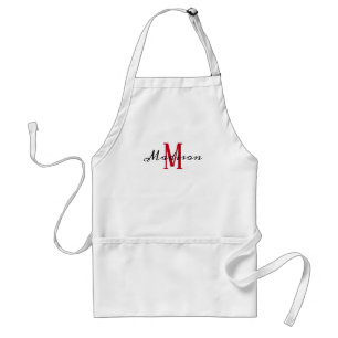 Modern Red White Monogram Script Namn Womens Förkläde